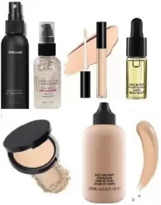 Girls Look 6 items makeup combo primer fixer compact powder foundation concealer face serum(6 Items in the set)