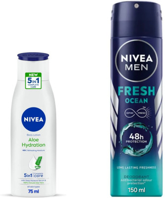 NIVEA Aloe Hydration Body Lotion - 75ml & Fresh Ocean Deodorant - 150ml(2 Items in the set)