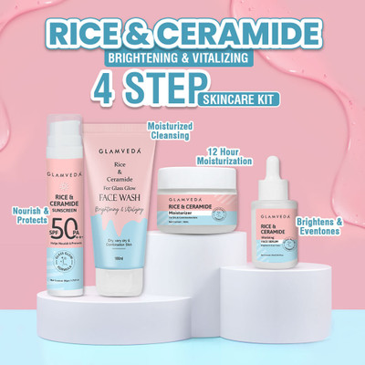 GLAMVEDA Korean Glass Skin Rice & Ceramide 4 Step Daily Skincare Routine For Women| 4 Items with Premium Gift Box(4 Items in the set)