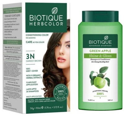 BIOTIQUE Conditioning Hair Color 3N Darkest Brown & Green Apple Shampoo 340 ML  (2 Items in the set)
