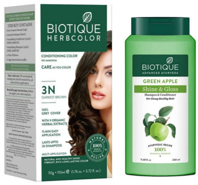 BIOTIQUE Conditioning Hair Color 3N Darkest Brown & Green Apple Shampoo 340 ML (2 Items in the set)