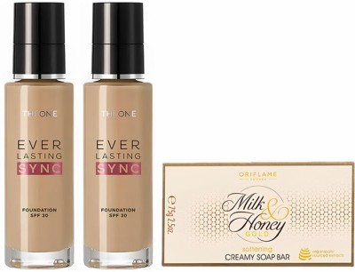 Oriflame The ONE Everlasting Sync Foundation SPF 30 30 ml ( Light Beige Neutral ) ( Pack of 2 ) with MILK & HONEY Soap 100g(3 Items in the set)