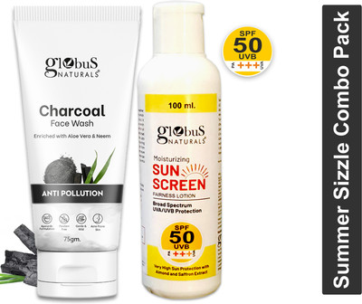 Globus Naturals Summer Sizzle Set - Sunscreen Lotion SPF 50++ 100 ml & Charcoal Face Wash 75 gm(2 Items in the set)