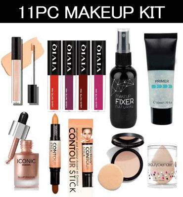 VIVIQ 11Pc Professional Makeup Combo Kit Primer Fixer 4Lipstick Concealer Compact Contour Stick Highlighter Puff(11 Items in the set)