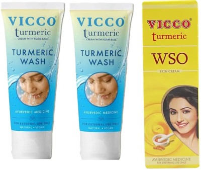 VICCO Turmeric Face Wash (2x70g) & WSO Skin Cream (60g)(3 Items in the set)