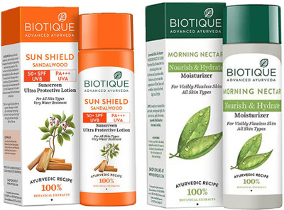 BIOTIQUE Sandalwood 50+ Spf Uva/Uvb Sunscreen Ultra Soothing Face Lotion, 120 Ml And Morning Nectar Flawless Skin Lotion 190Ml(1 Items in the set) BIOTIQUE Sandalwood 50+ Spf Uva/Uvb Sunscreen Ultra Soothing Face Lotion, 120 Ml And Morning Nectar Flawless Skin Lotion 190Ml(1 Items in the set)