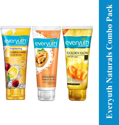 Everyuth Naturals Lemon & Cherry Face Wash (50g), Walnut Scrub (50g), Golden Glow Peel off Mask (50g)(3 Items in the set)
