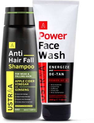 USTRAA Anti Hair Fall Shampoo - 250ml & Power Face Wash Energize and De-Tan - 200g(2 Items in the set)