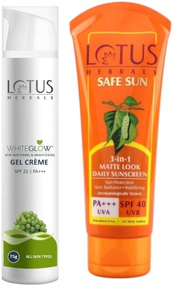 LOTUS HERBALS WhiteGlow Skin Brightening Gel Creme SPF 25 PA+++ 75g with Safe Sun 3 In 1 Matte-Look Daily Sunscreen SPF 40 PA+++ 75g(2 Items in the set)