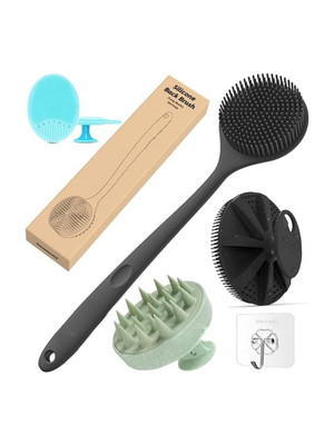 Alvita Silicon Shower Bath Back Brush+Body Scrubber+Scalp Massager+Face Scrubber+Hooks(5 Items in the set)