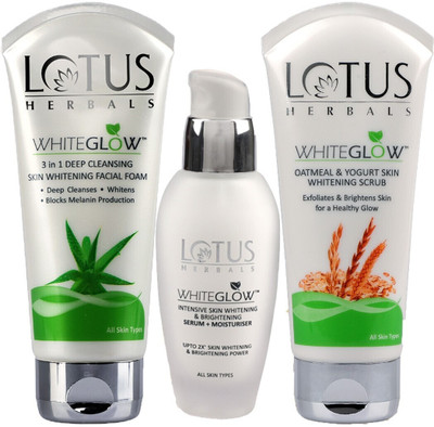 LOTUS HERBALS Whiteglow ( Oatmeal Scrub_100g + 3 in 1 Deep Facial Form_100g + WG Serum+Moisturiser_30ml )(3 Items in the set)