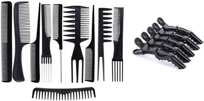 Glowrx Hair Combs Salon Styling Tools Comb Set 10 Piece (Black) and Hair Styling Clips Sectioning Crocodile(2 Items in the set)