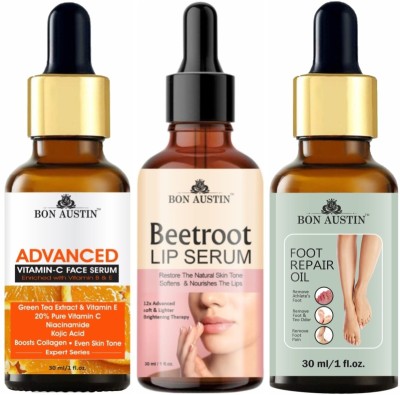 Bon Austin Advance Vitamin-C Face Serum & Beetroot Lip Serum - Softens the Lips & Foot Repair Oil (Each,30ml)(3 Items in the set)