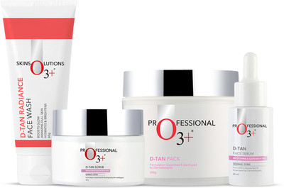 O3+ 4 Step Pro Tan-Clear Kit- Vitamin C Face Wash, Detan Face Scrub, D Tan Pack & D Tan serum for Brightening & Glow Boosting Effect(4 Items in the set)