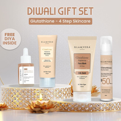 GLAMVEDA Glutathione Skincare Diwali Gift Set|Facewash, Facecream, Face Serum, Sunscreen |With 2 Decorative Diya|4 step Skincare routine|(4 Items in the set)