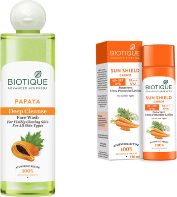 BIOTIQUE Papaya Face Wash 200 ML & Sun Shield Sun Carrot Lotion 120 ML(2 Items in the set)