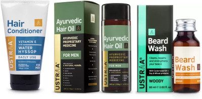 USTRAA Beard Wash Woody - 100ml , Hair Conditioner - 100g and Ayurvedic Hair Oil - 200ml(3 Items in the set)