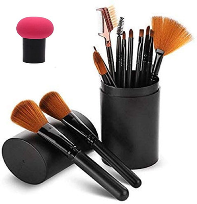 COLOR NEXT Makeup Brush 12 Pcs (black) With Box & Mushroom Sponge Puff - Multicolor(2 Items in the set)