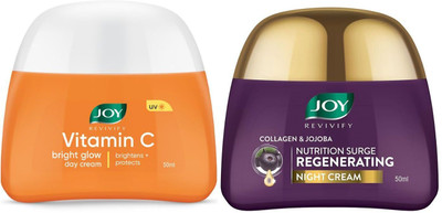 Joy Vitamin C Face Cream 50ml with Carrot Seed Brightening Face Cream 50ml | Collagen & Jojoba Night Cream 50ml (Combo Pack)(2 Items in the set)