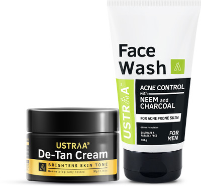 USTRAA De-Tan Cream - Effective Tan Removal & Face Wash Acne Control - Neem & Charcoal(2 Items in the set)