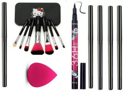 SUBHMUN kajal with 7 pcs face makeup brush with eyeliner with PUFF(14 Items in the set)