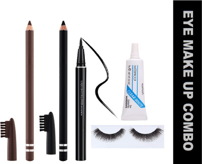 YAWI SMOKEY SOFT EYE LASHES WITH GLUE AND EYE BROW PENCIL 'S BLACK BROWN , LONG LASTING SKETCH LINER(4 Items in the set)