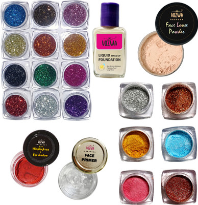 VOZWA 12 Eyeshadow Glitter + Foundation + Face Loose Powder + Highlighter + Face Makeup Primer + 6 Pcs Eye Shadow Shimmer Dust(22 Items in the set) VOZWA 12 Eyeshadow Glitter + Foundation + Face Loose Powder + Highlighter + Face Makeup Primer + 6 Pcs Eye Shadow Shimmer Dust(22 Items in the set)