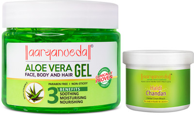 Aaryanveda Haldi Chandan Bleach For Instant Glow for All Skin Types - 43 g and Aloe Vera Gel for Soothing & Nourishing Skin - 400 g(2 Items in the set)