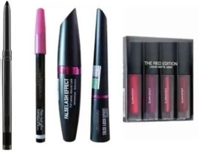 swenky Kajal & 3in1 Eyeliner,Mascara,Eyebrow Pencil & Red Edition Liquid Matte Lipstick(5 Items in the set)