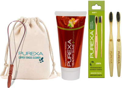 PUREXA Oral Care Combo – Healthy Gums Toothpaste + Copper Tongue Cleaner + 2 Bamboo Charcoal Toothbrushes(4 Items in the set)