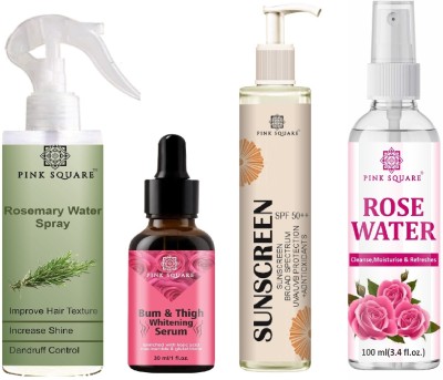 Pink Square Rosemary Spray 100ml, Bum-Thigh Serum 30ml, Sunscreen 100ML & Rose water 100ml(4 Items in the set)