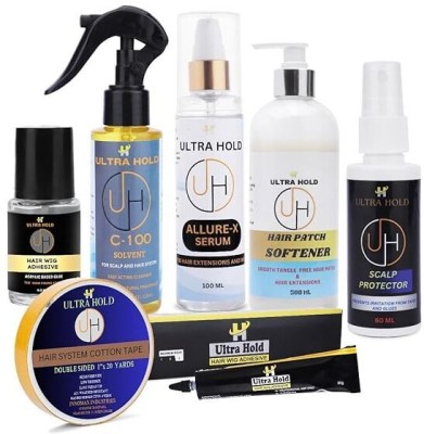 Ultra Hold Hair Extension and Wig Accessories Kit, Solvent, Serum, Adhesive, Hair Patch Softener, Scalp Protector, Cotton Tape(3 Items in the set)