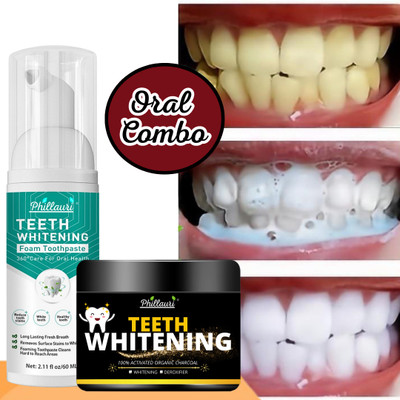 Phillauri Teeth whitening Foam & Charcoal Powder Combo kit Ultra-fine Deeply Clean Gums Intensive Stain Removal (2 Items in the set)(2 Items in the set)