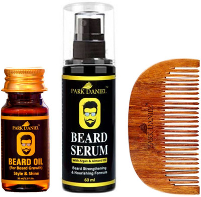 PARK DANIEL Combo Pack of Beard Oil 35ml , Beard Growth Serum 60ml & Handcrafted Wooden Beard Comb ( 1 Pc.)(3 Items in the set)