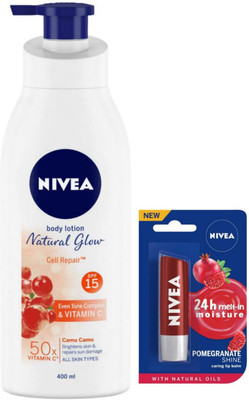 NIVEA Natural Glow Cell Repair Body Lotion 400 ML & Pomegranate Shine Lip Balm(2 Items in the set)