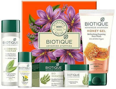 BIOTIQUE MORNING MOSTURIZER 120ML & DENDALIN YOUTH SERUM 40ML & HONEY GEL FACE WASH 150ML & WHEAT GERM CREAM 50G | SKIN CARE KIT(4 Items in the set)