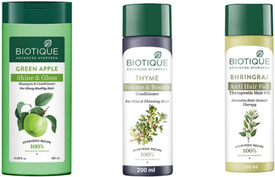 BIOTIQUE Green Shampoo 180 ML & Thyme Conditioner 200 ML & Bhringraj Oil 200 ML(3 Items in the set)