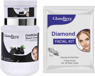 Glamberg Charcoal Bleach Cream With Activator + Diamond Facial Kit 5 in 1(2 Items in the set)