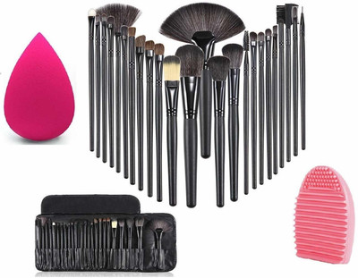 Pohok Make Up Brushes Sets With Leather Storage Pouch - 24 Pc ) + 1 SPONGE PUFF +1 Brush cleaner(3 Items in the set)
