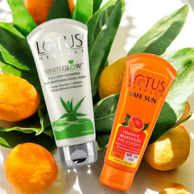 LOTUS HERBALS WhiteGlow 3 In 1 Deep Cleansing Skin Brightening Facial Foam 100G with Safe Sun Vitamin-C MatteGEL Daily Sunscreen SPF 50 100g(2 Items in the set)