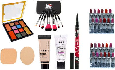 J & F 12 color Eyeshadow With 2 in1 puff makeup brush Foundation Primer Eyeliner 36 H and Multicolor lipstick *2(36 Items in the set)
