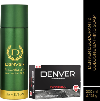 DENVER Deo 200 Ml & Black Code Soap 125g Deodorant Spray  -  For Men(325 ml, Pack of 2)