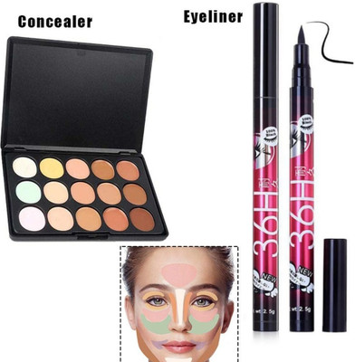 Facejewel 15 Color Waterproof Concealer Contouring Palette & Black Liquid Eyeliner Pen(2 Items in the set)
