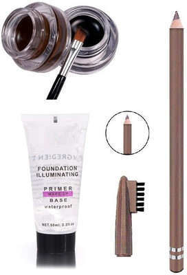 Herrlich WATERPROOF TUBE PRIMER WITH BROWN EYEBROW PENCIL & BLACK BROWN GEL EYELINER COMBO(3 Items in the set)