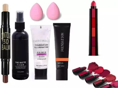 crazmatic CONTUNER STICK WITH MKEUP FIXER ,PRIMER, FOUNDATION AND 5IN1 RED LIPSTICK WITH 2 MAKEUP BLANDER(7 Items in the set)