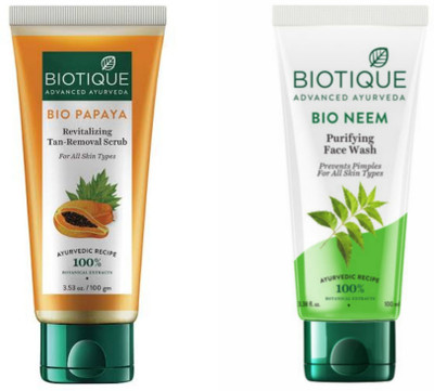 BIOTIQUE Papaya Face Scrub 100gm & Neem Face Wash 100 ML(2 Items in the set)