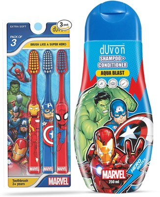 DUVON Marvel Value Pack for Kids - 3 Toothbrush, 1 Shampoo+Conditioner 250ml |3 to 12Y(2 Items in the set)