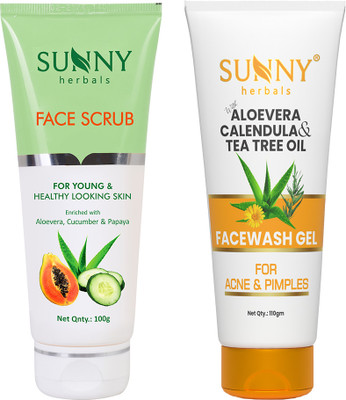 Sunny Herbals Face Scrub-100 gm and Face Wash Gel With Tea Tree Oil-110 gm(2 Items in the set)
