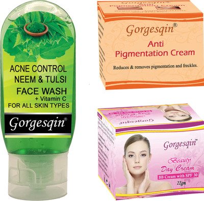 GORGESQIN Anti Pigmentation Cream 10 g Pigment Remover, Day Cream 22 g & Neem & Tulsi Face Wash 100ml(3 Items in the set)