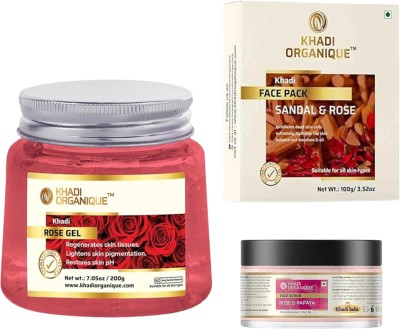 khadi ORGANIQUE Skincare Combo: Sandal & Rose Face Pack, Rose & Papaya Face Scrub & Rose Aloe Vera Gel(3 Items in the set)